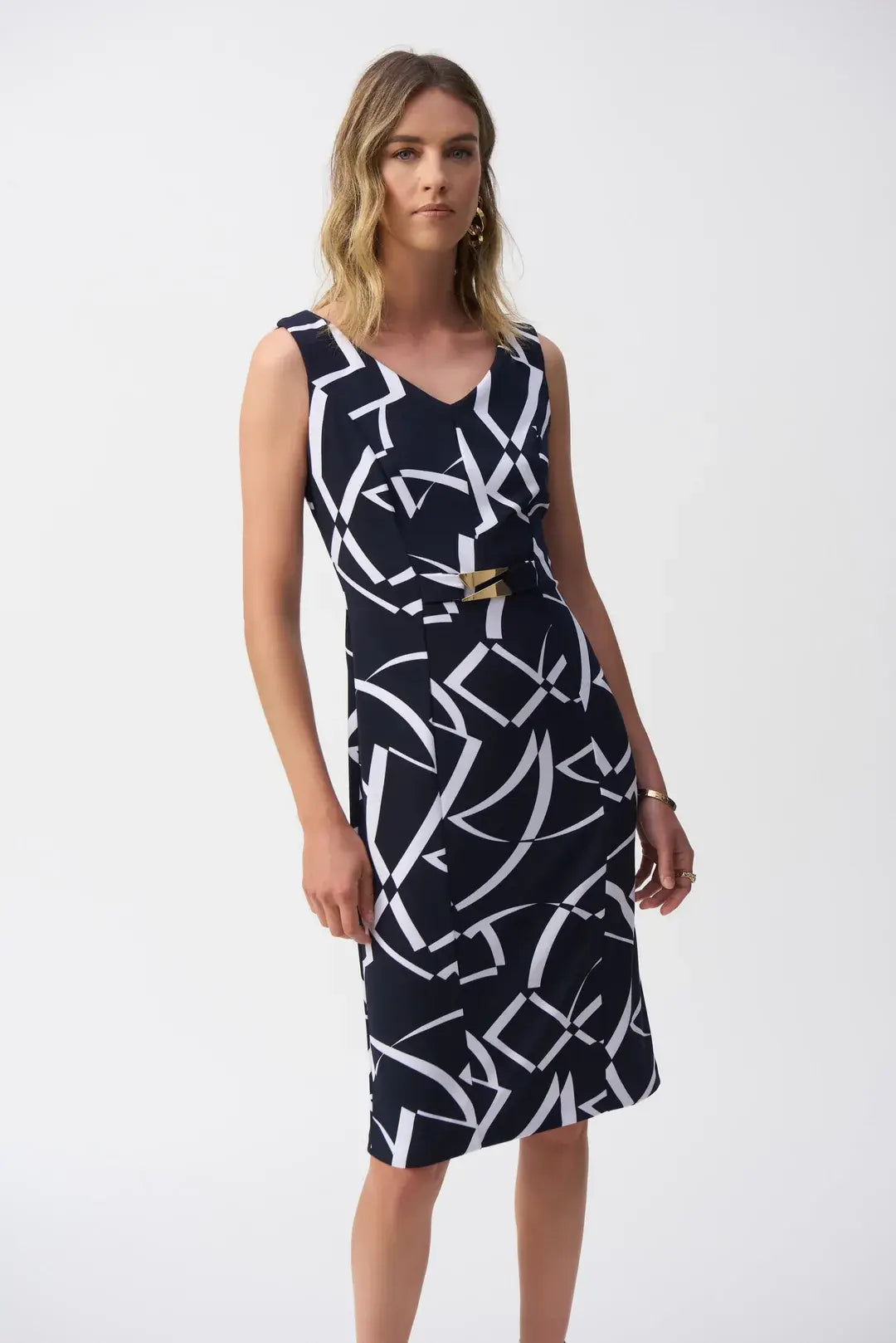 Blauw kleed met print en riem detail Joseph Ribkoff