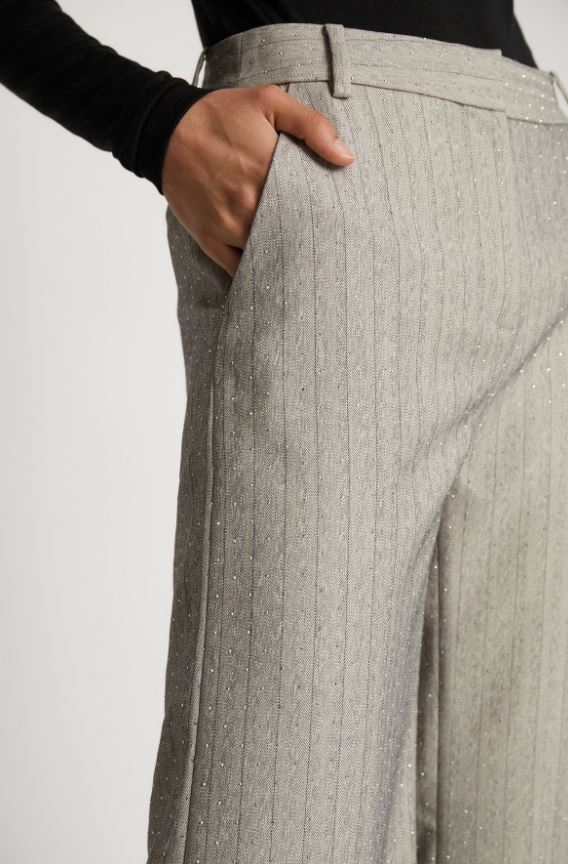 Grijze gestreepte wijde broek met zilveren steentjes Eileen Munte