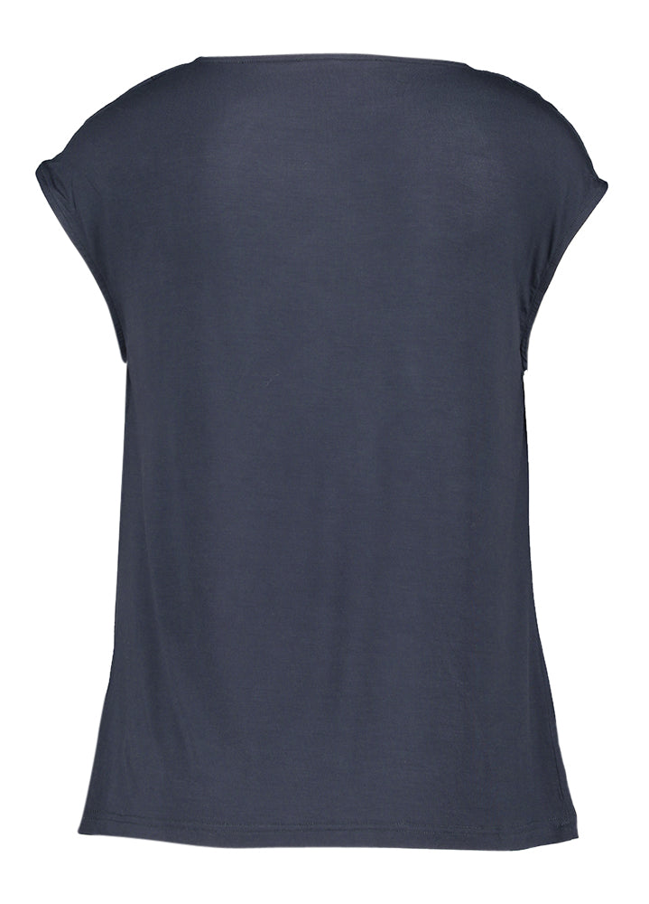 Donkerblauwe t-shirt met watervalkraag Rosemunde