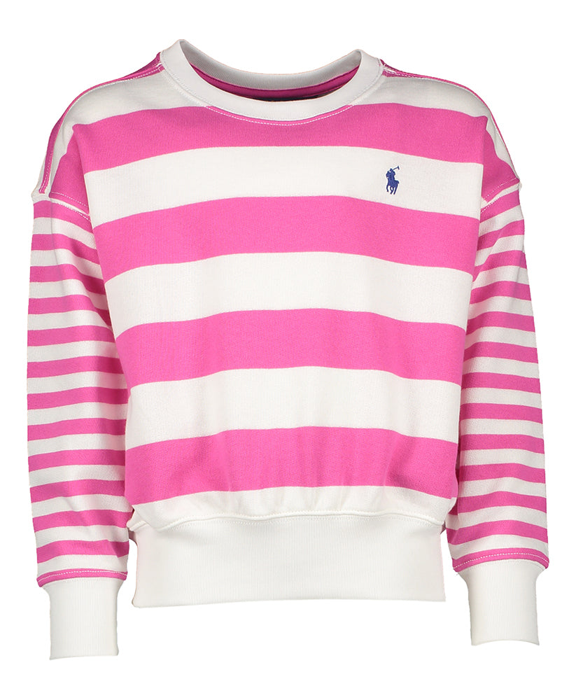 Pull à col rond rayé fuchsia et blanc Ralph Lauren