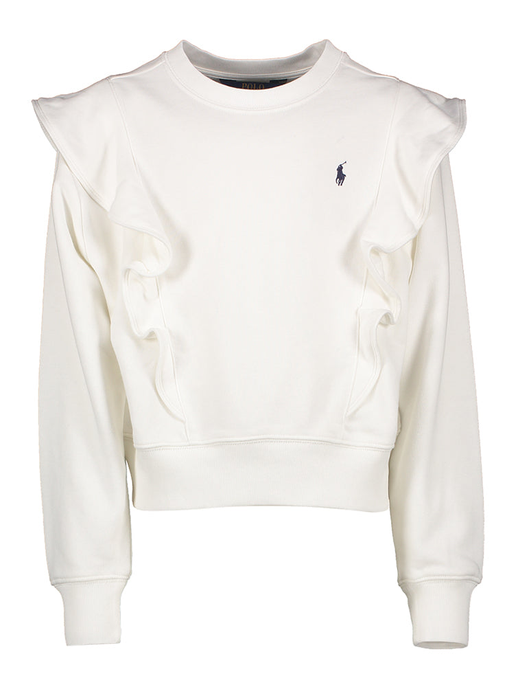 Pull en coton blanc à franges et logo bleu de la marque Ralph Lauren