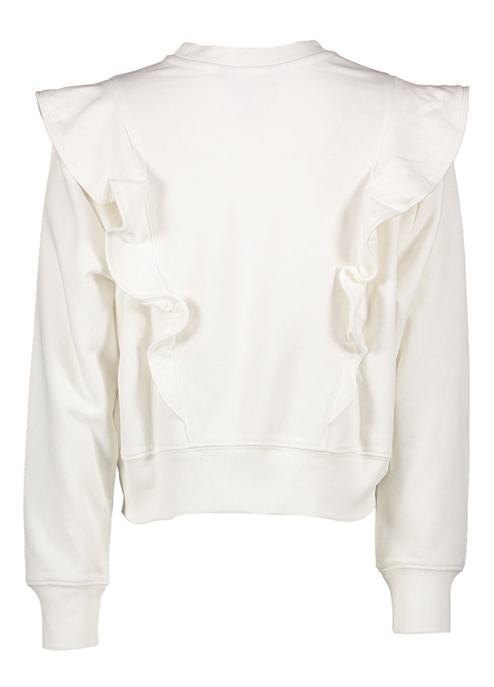 Pull en coton blanc à franges et logo bleu de la marque Ralph Lauren
