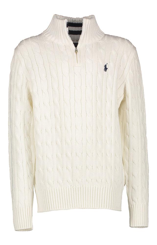 Pull blanc en maille torsadée avec fermeture éclair courte, signé Ralph Lauren