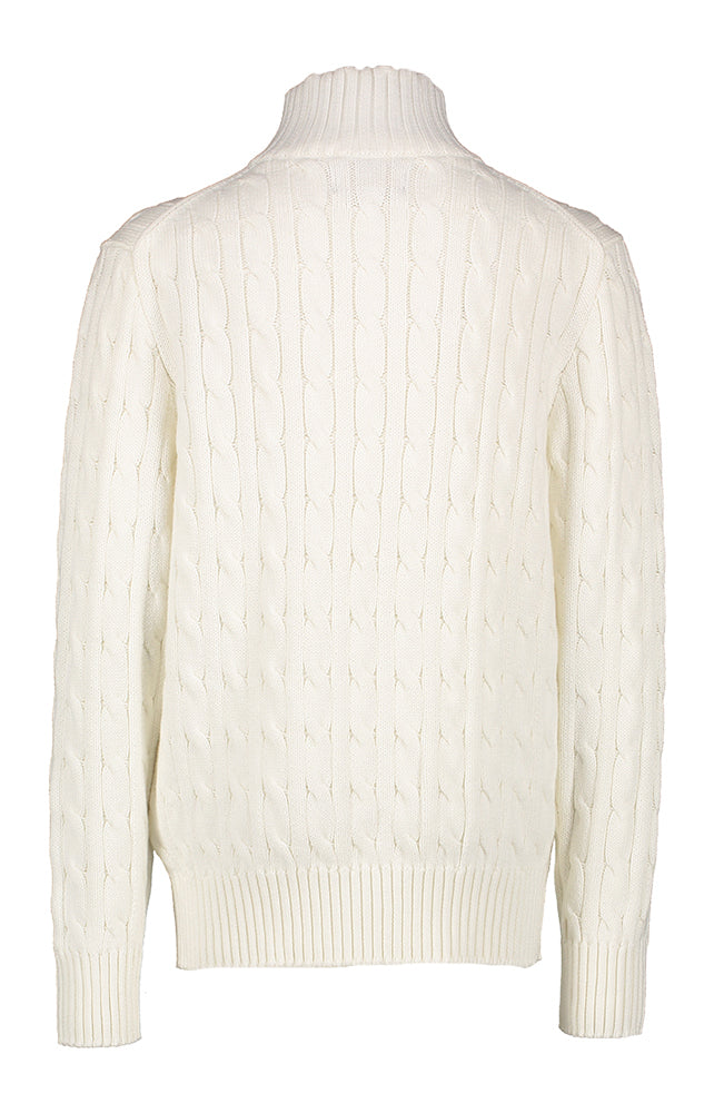 Pull blanc en maille torsadée avec fermeture éclair courte, signé Ralph Lauren