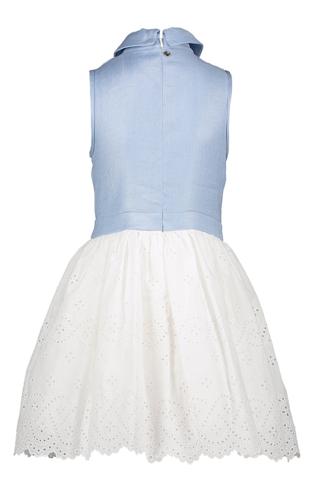 Kleedje met jeanskleurige top en witte rok in broderie Communie Linea Raffaelli