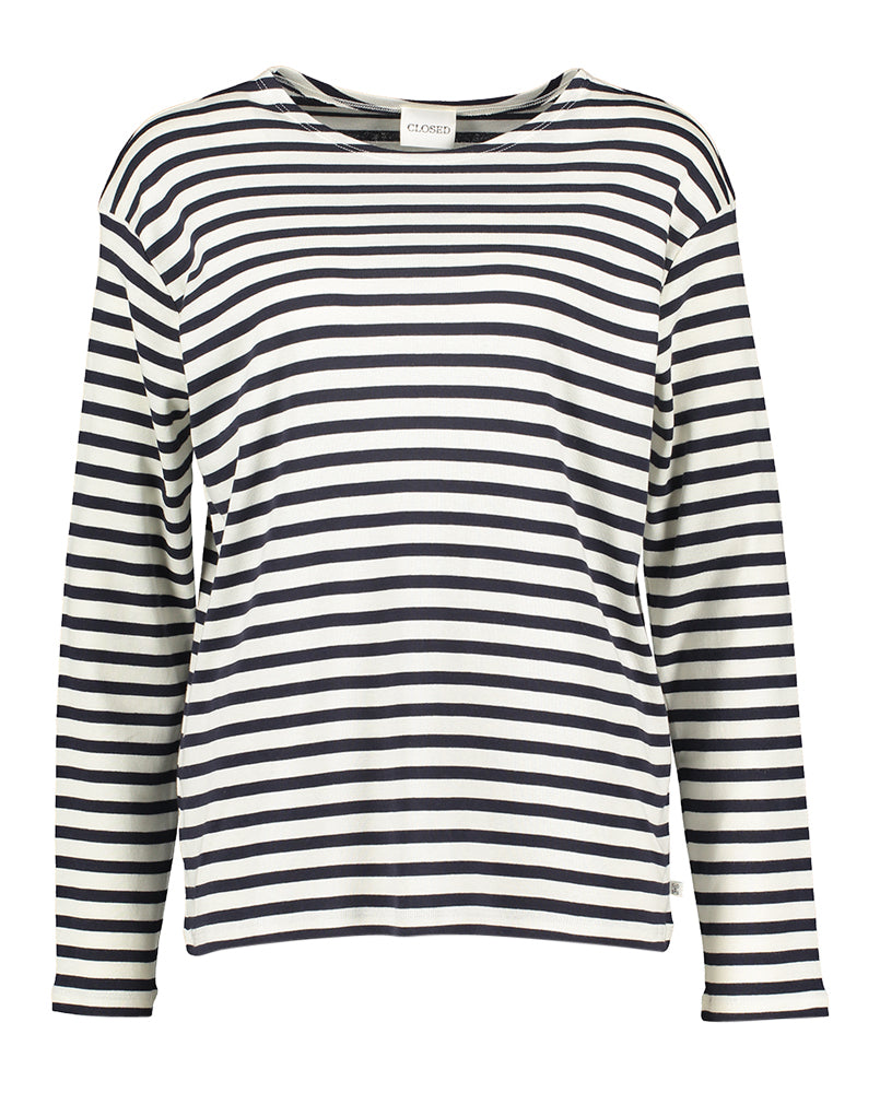 Pull écru à rayures bleu foncé Fermé