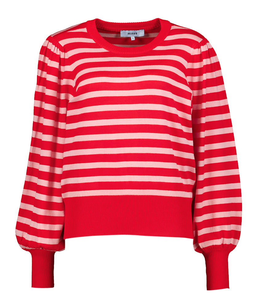 Pull rouge à rayures rose clair et col rond Liva Minus