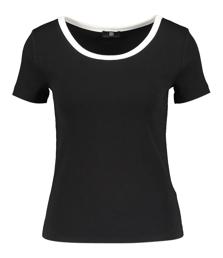 T-shirt noir côtelé à col blanc Riani