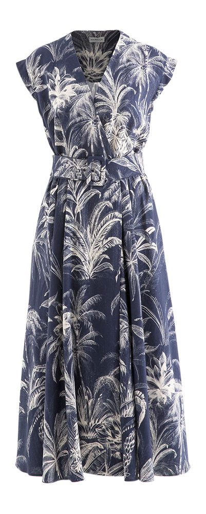 Robe longue bleu denim à jupe plissée imprimée de fleurs Aline Marella