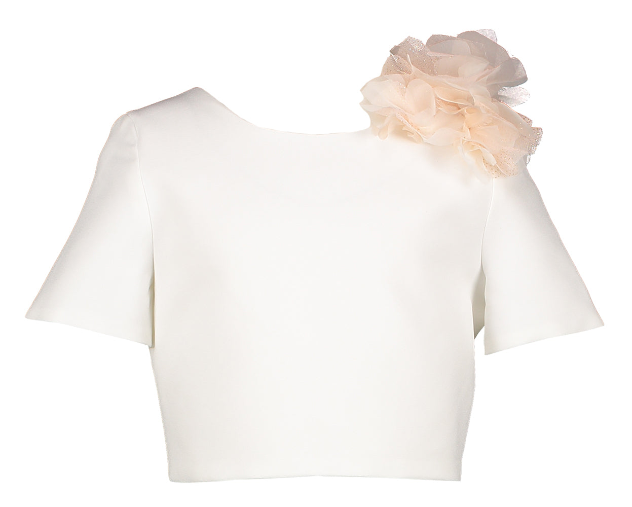 Witte bloes met roze bloem en knoopdetail achteraan Linea Raffaelli