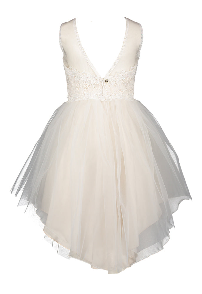 Ecru jurk met tulle en kanten bloemenprint Linea Raffaelli