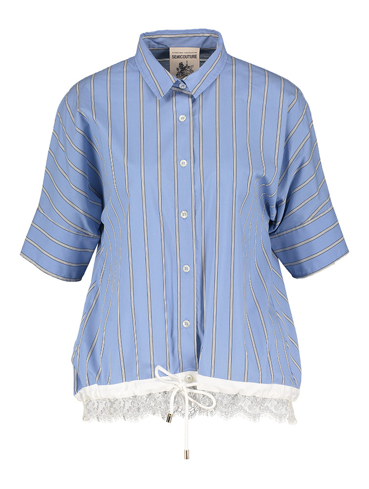 Blauw en wit gestreepte blouse afgewerkt met kant Semicouture