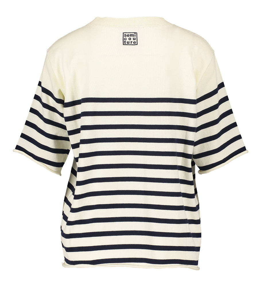 Pull beige à rayures bleues Semi-couture