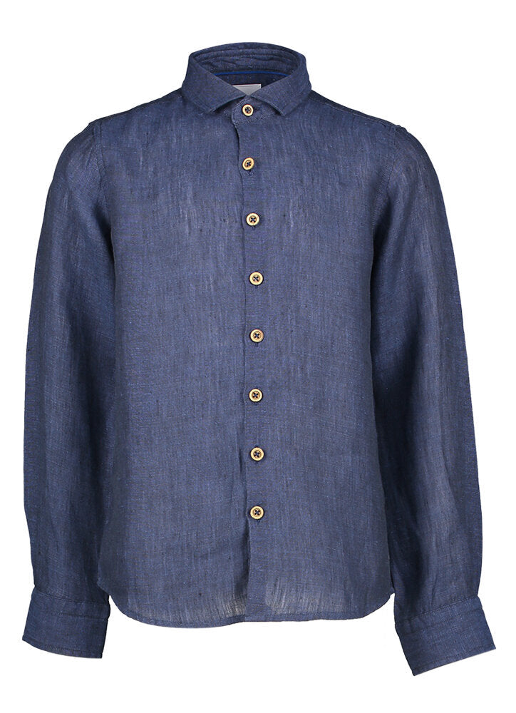 Chemise en lin bleu foncé (coupe ajustée) à manches longues et boutons imitation bois Communion R2