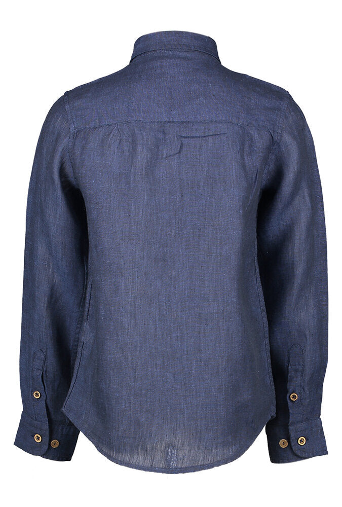 Chemise en lin bleu foncé (coupe ajustée) à manches longues et boutons imitation bois Communion R2
