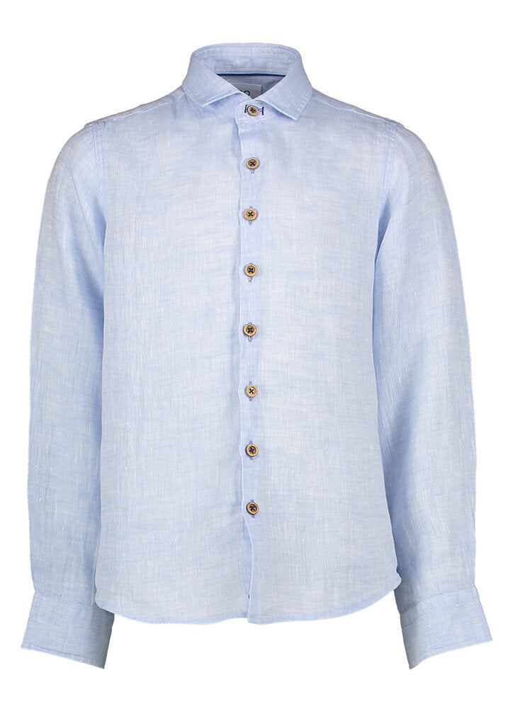 Chemise en lin bleu clair (coupe ajustée) à manches longues et boutons imitation bois Communion R2