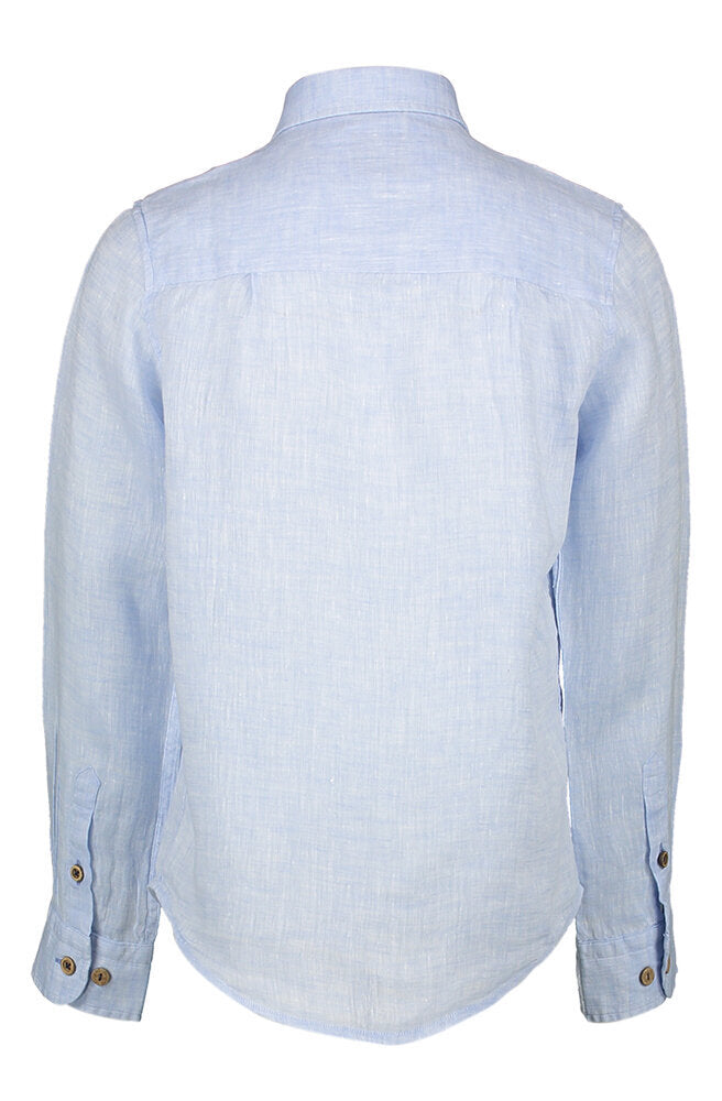 Chemise en lin bleu clair (coupe ajustée) à manches longues et boutons imitation bois Communion R2