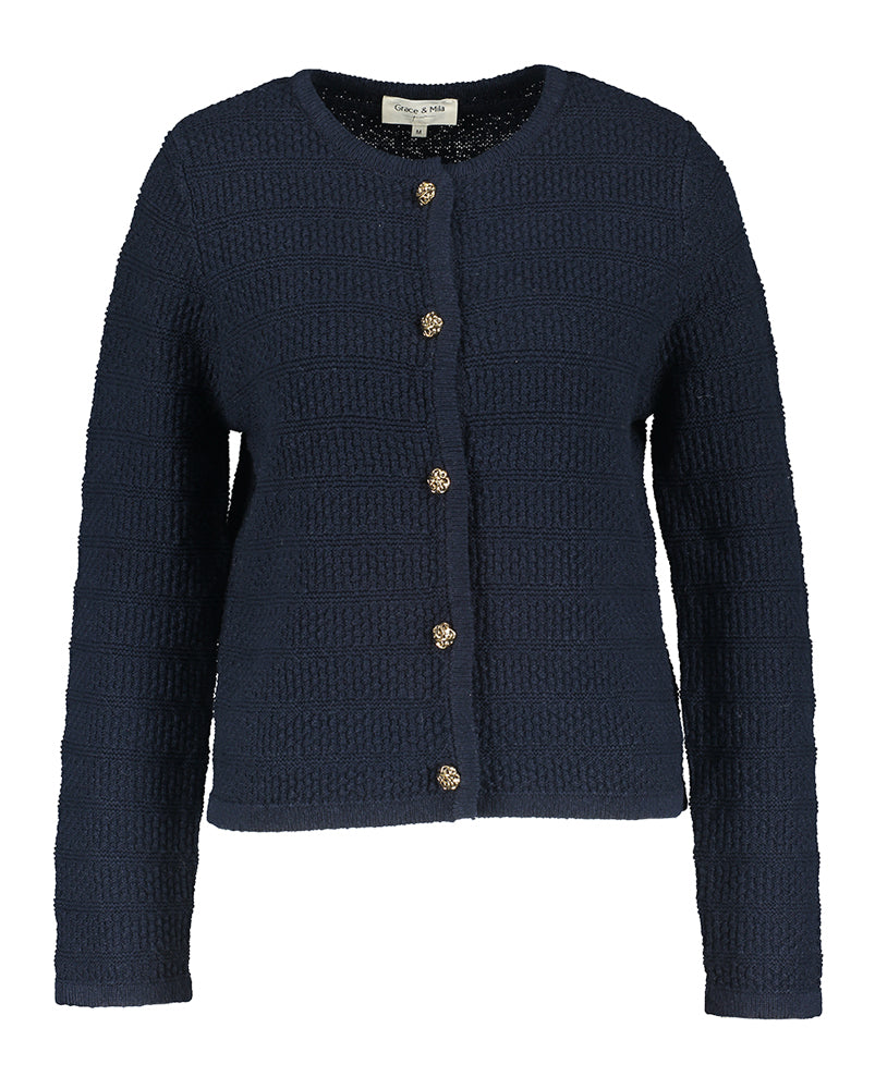 Gilet bleu foncé en maille avec boutons dorés Paca Grace & Mila