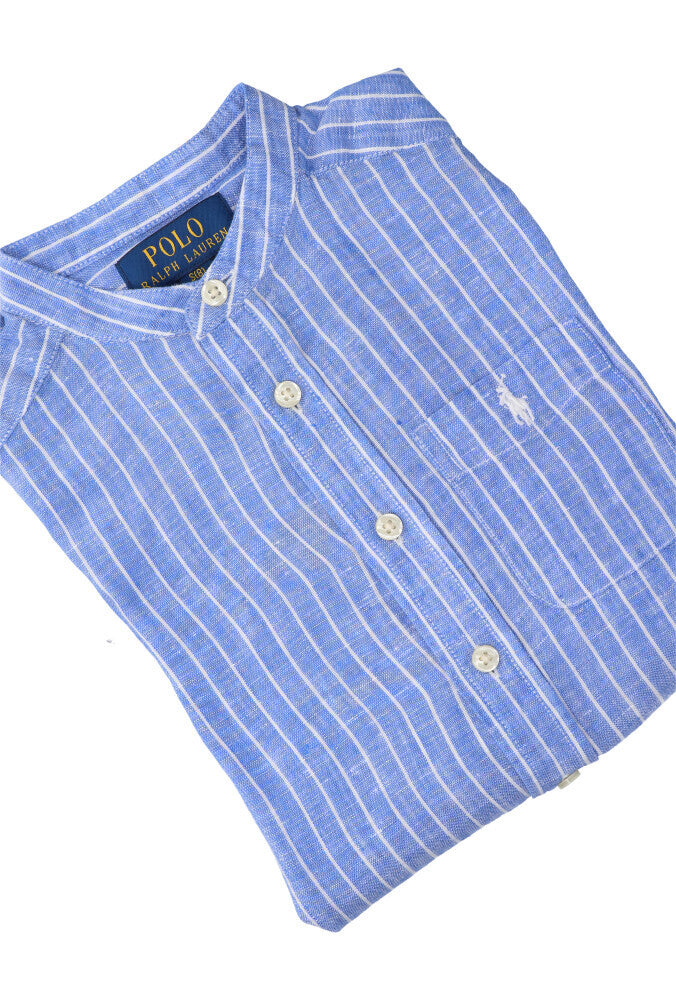 Blauw en wit gestreept linnen hemd (regular fit) met lange mouwen Ralph Lauren