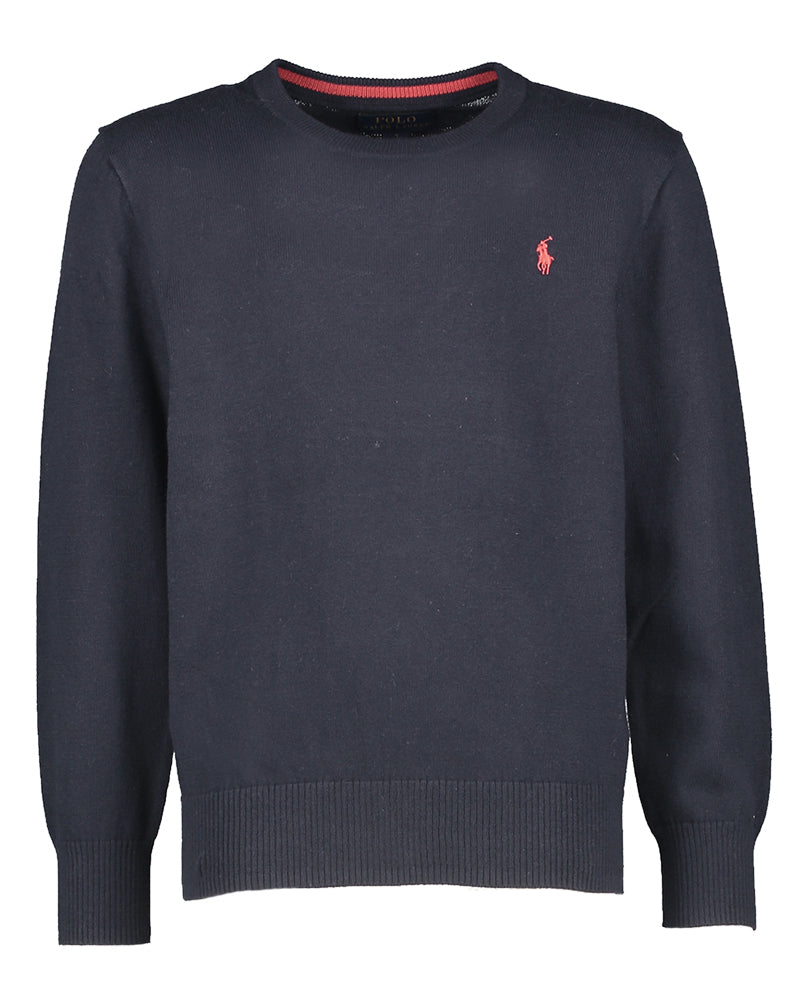 Pull bleu foncé avec logo rouge de la marque Ralph Lauren