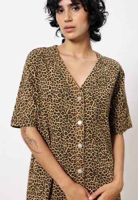 Robe en coton marron à imprimé animal, manches courtes et boutons dorés Aelita FRNCH
