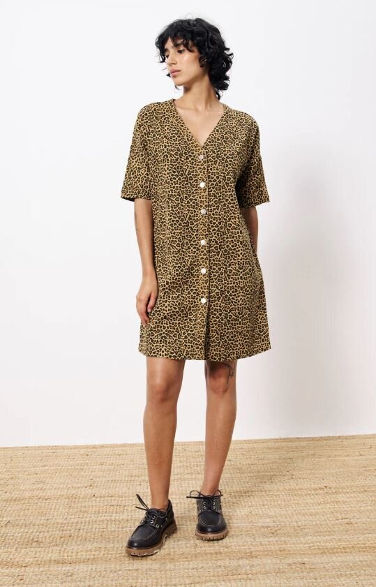 Robe en coton marron à imprimé animal, manches courtes et boutons dorés Aelita FRNCH