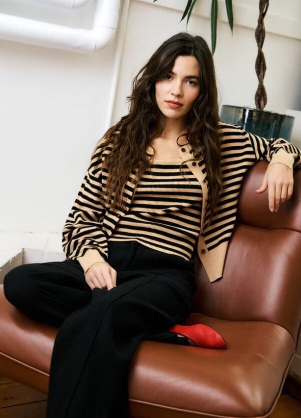 Beige zwart gestreepte top met fijne bandjes Ninette FRNCH