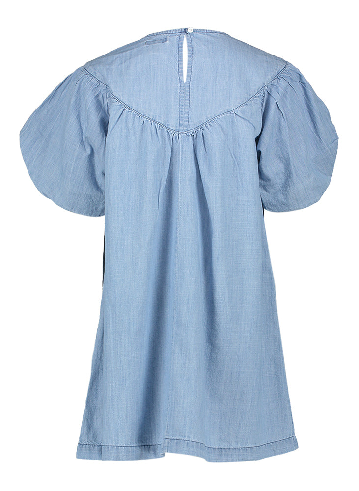Blauw kleedje in jeans look met pofmouw Warp Bellerose
