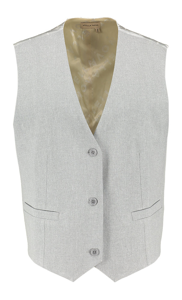 Lichtgrijze gilet met knopen en ecru detail op de achterkant Stella Nova