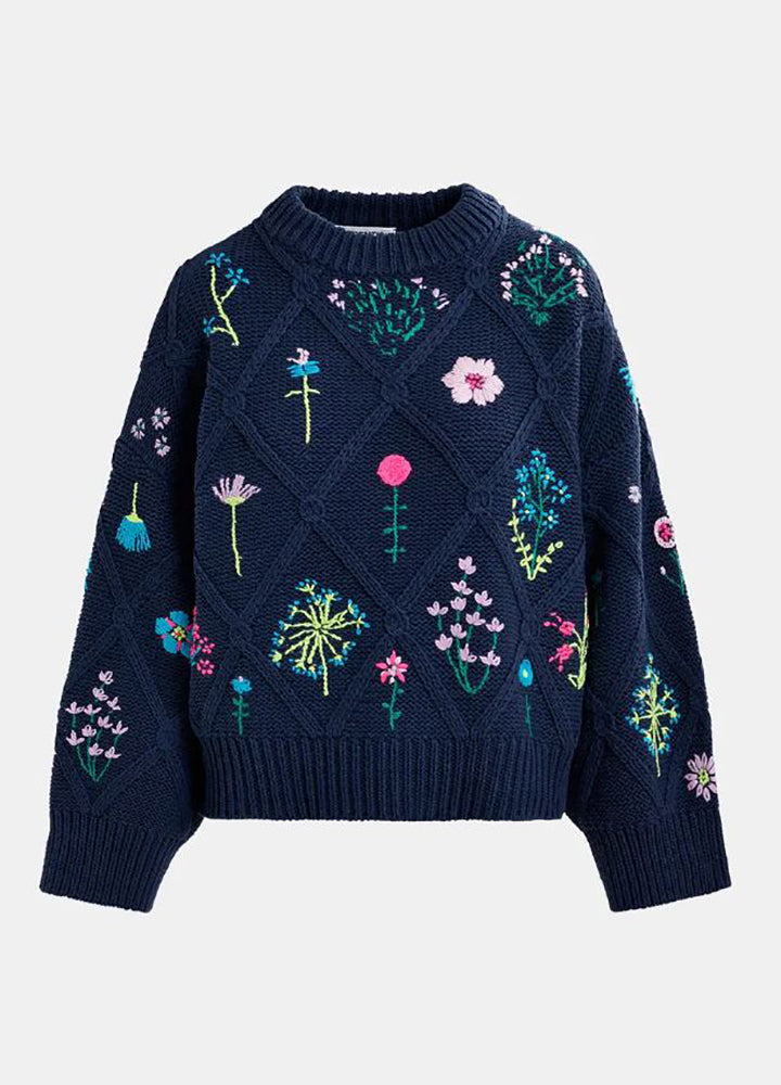 Donkerblauwe ribgebreide trui met bloemenborduursel Hadream Essentiel