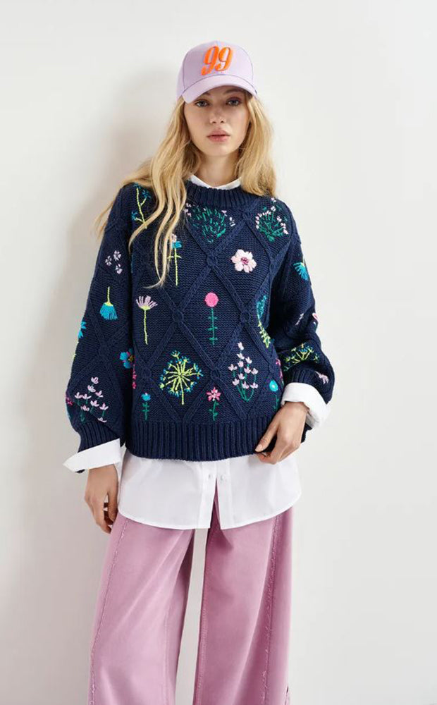 Donkerblauwe ribgebreide trui met bloemenborduursel Hadream Essentiel