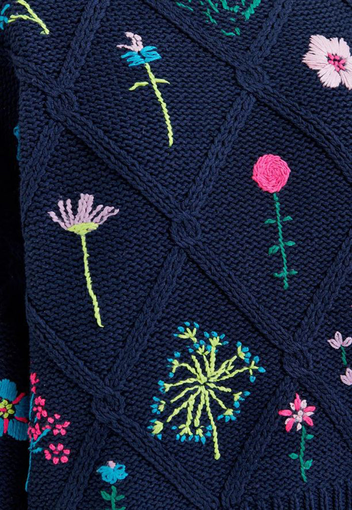 Donkerblauwe ribgebreide trui met bloemenborduursel Hadream Essentiel