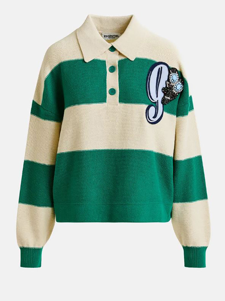 Polo rayé beige et vert orné de strass et de perles Hamam Essentiel