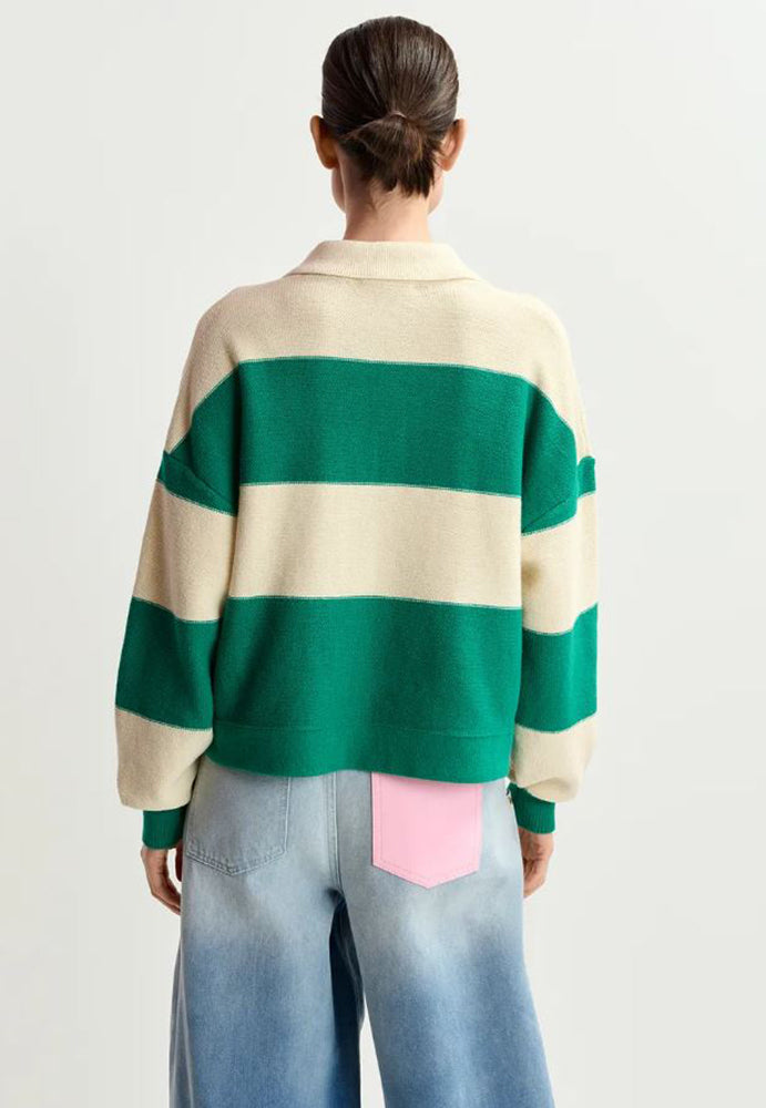 Polo rayé beige et vert orné de strass et de perles Hamam Essentiel