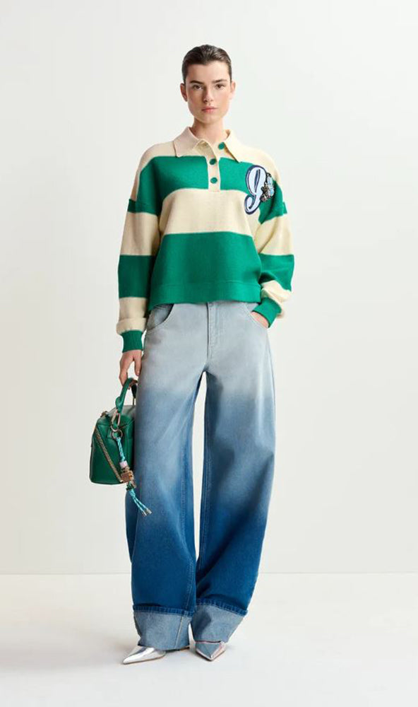 Polo rayé beige et vert orné de strass et de perles Hamam Essentiel