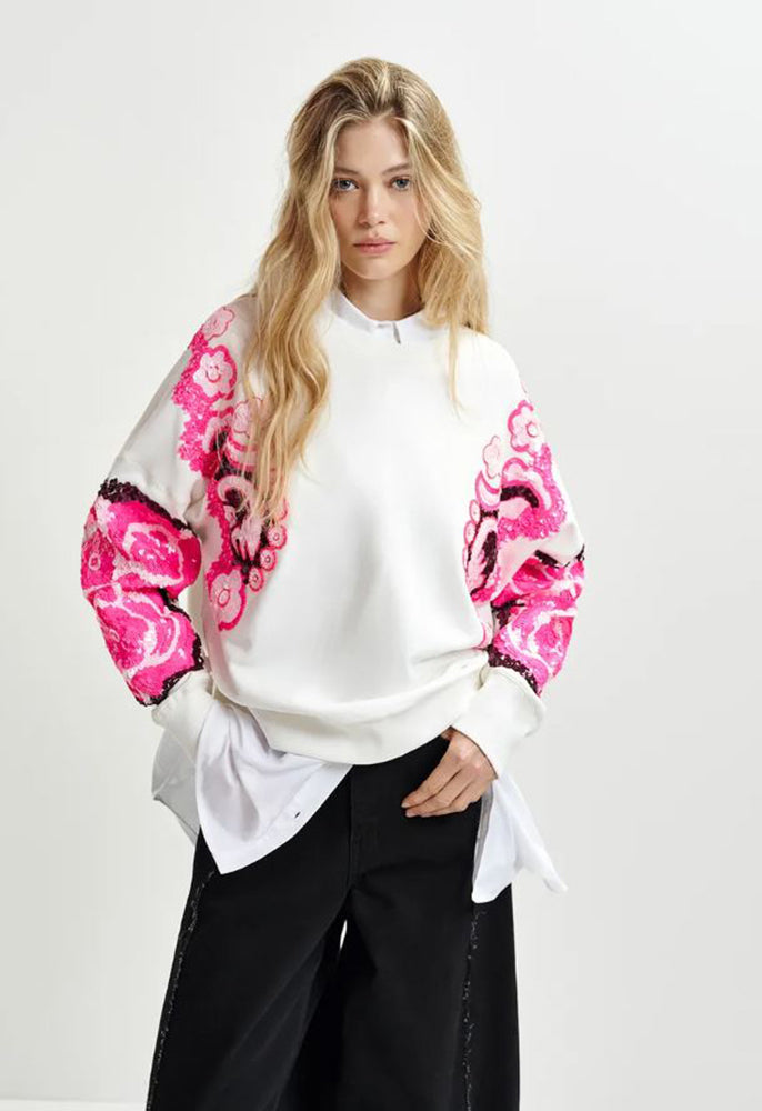 Pull blanc à imprimé floral en sequins Hecrazy Essentiel