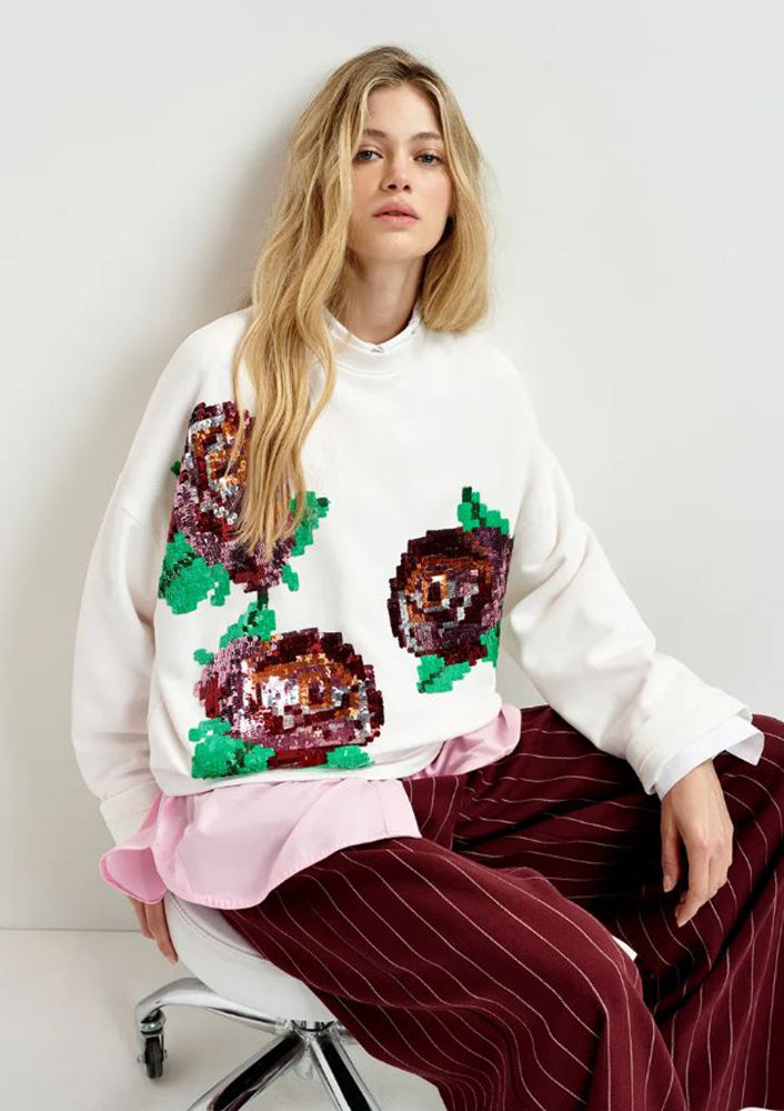 Witte, bordeaux en groene biokatoenen sweater met pailletten Hedance Essentiel