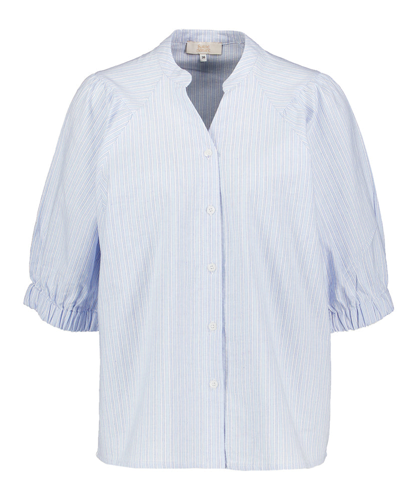 Blauw en wit gestreepte katoenen blouse met korte mouwen Signe Nature