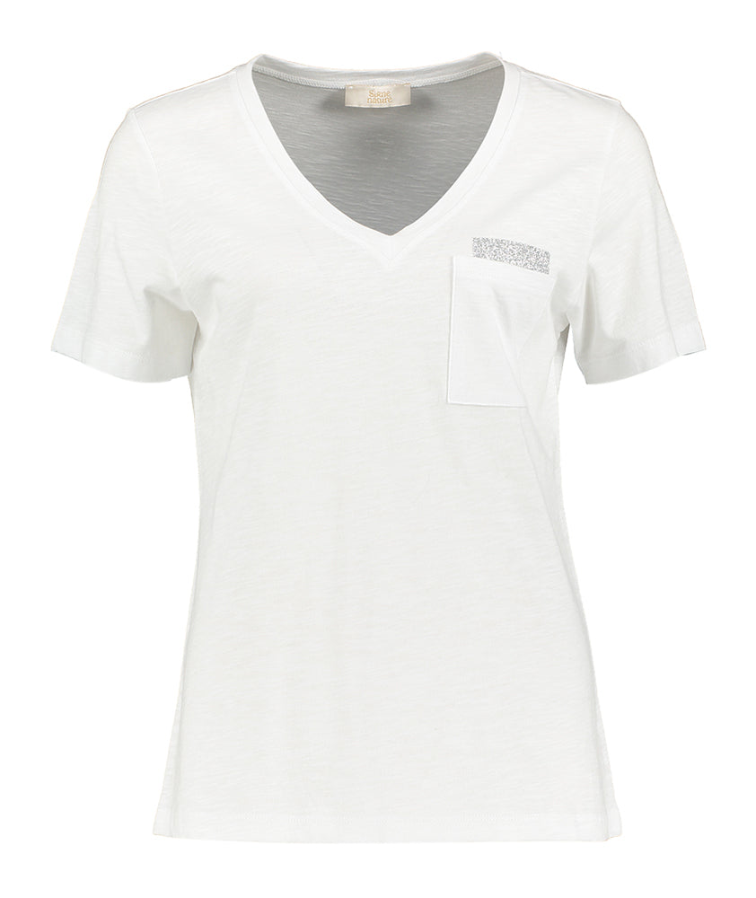 T-shirt blanc avec détail argenté sur la poche poitrine Signe Nature