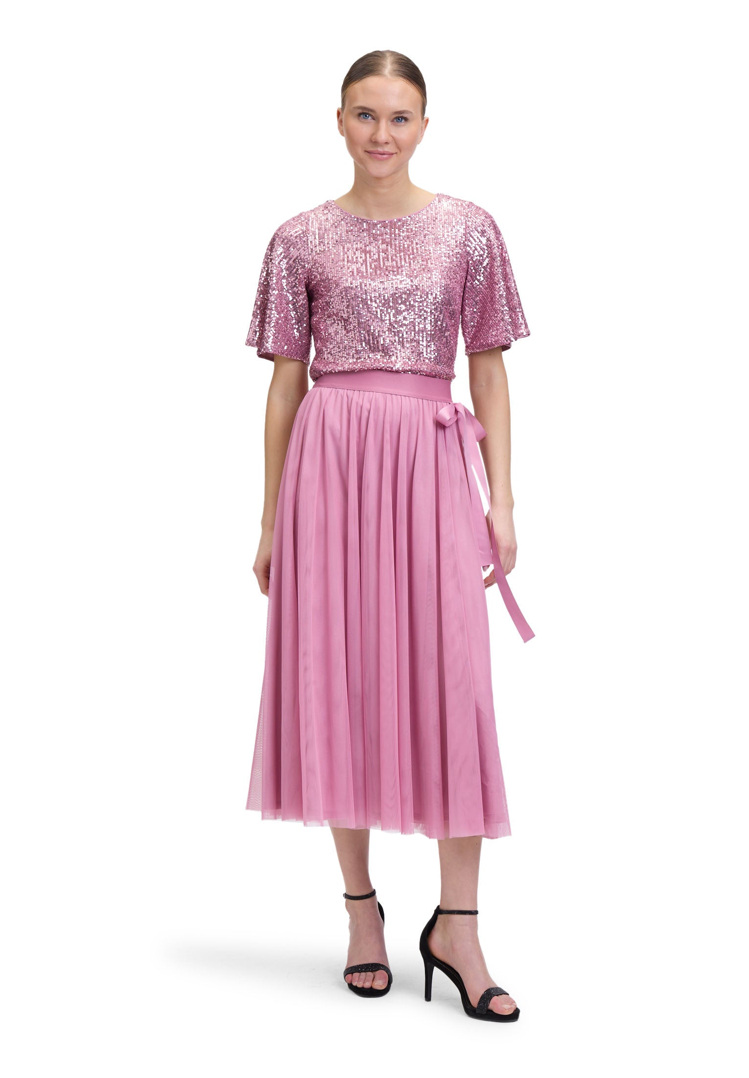 Oudroze t-shirt in pailletten met korte mouwen en ronde hals Vera Mont