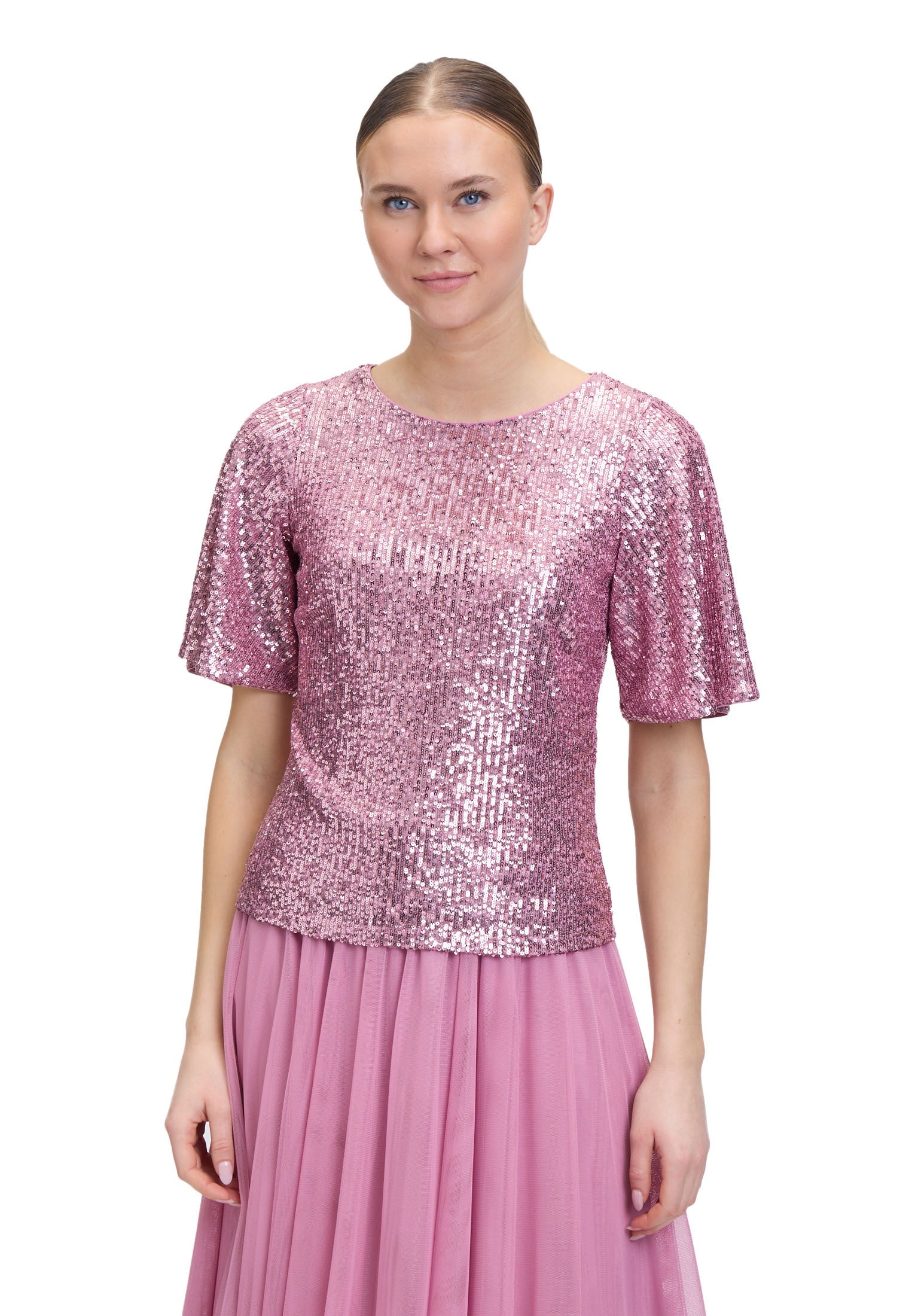 Oudroze t-shirt in pailletten met korte mouwen en ronde hals Vera Mont