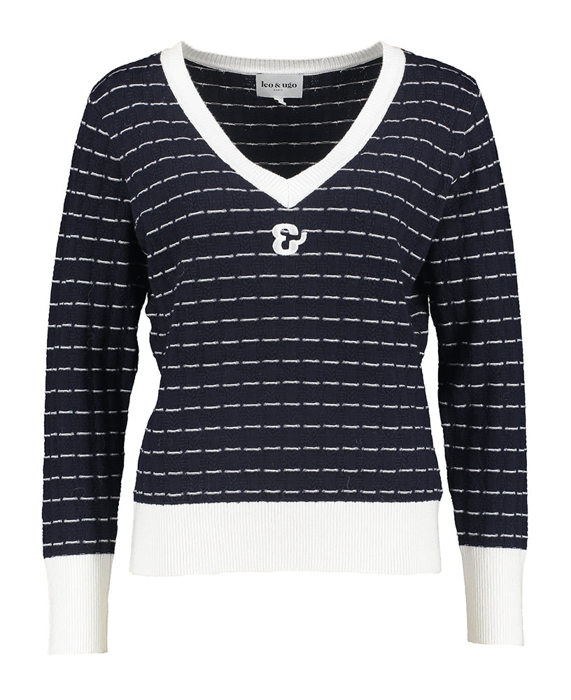 Blauw wit gestreepte pull met kabel Leo & Ugo