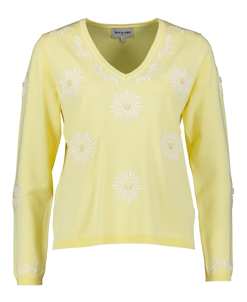 Gele pull met zon tekening en parel detail Leo & Ugo
