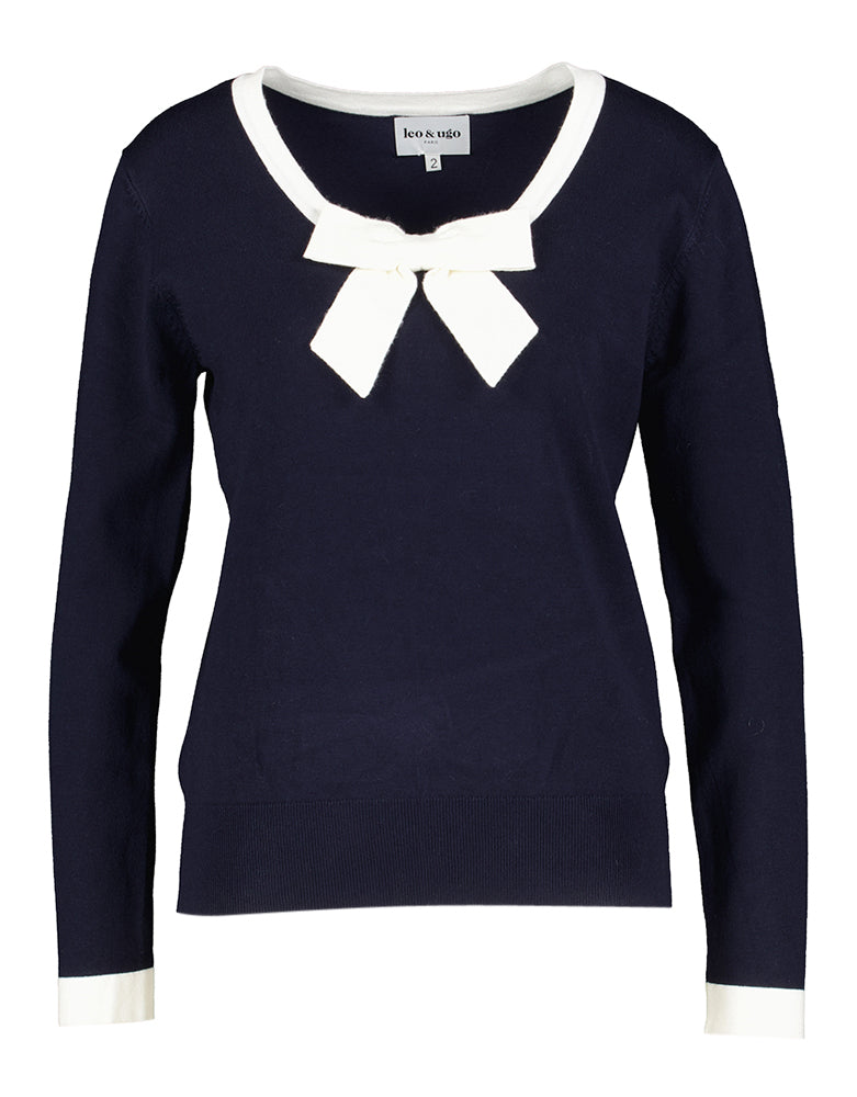 Donkerblauwe trui met witte strik Leo & Ugo