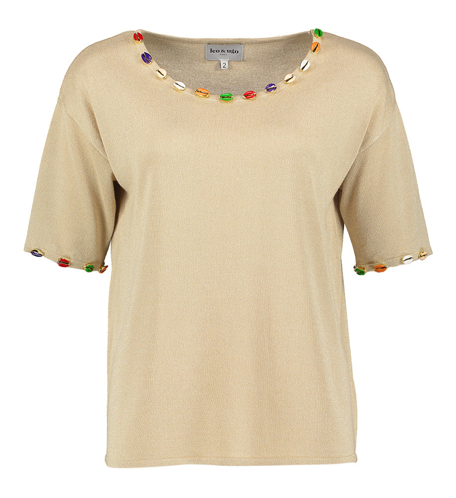 Goudkleurige pull met korte mouwen en ronde hals met gekleurde schelpen Ae Leo & Ugo
