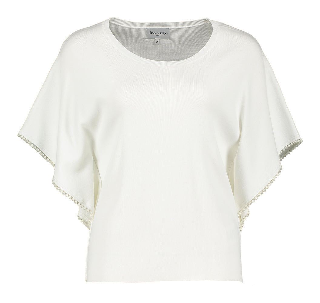 Pull blanc à perles sur les manches Leo & Ugo