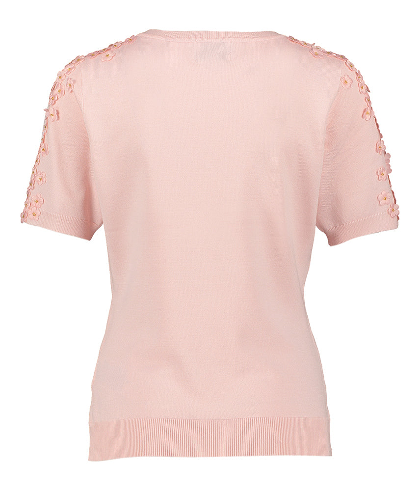 Pull rose à col V, manches courtes et fleurs aux épaules, Ae Leo & Ugo
