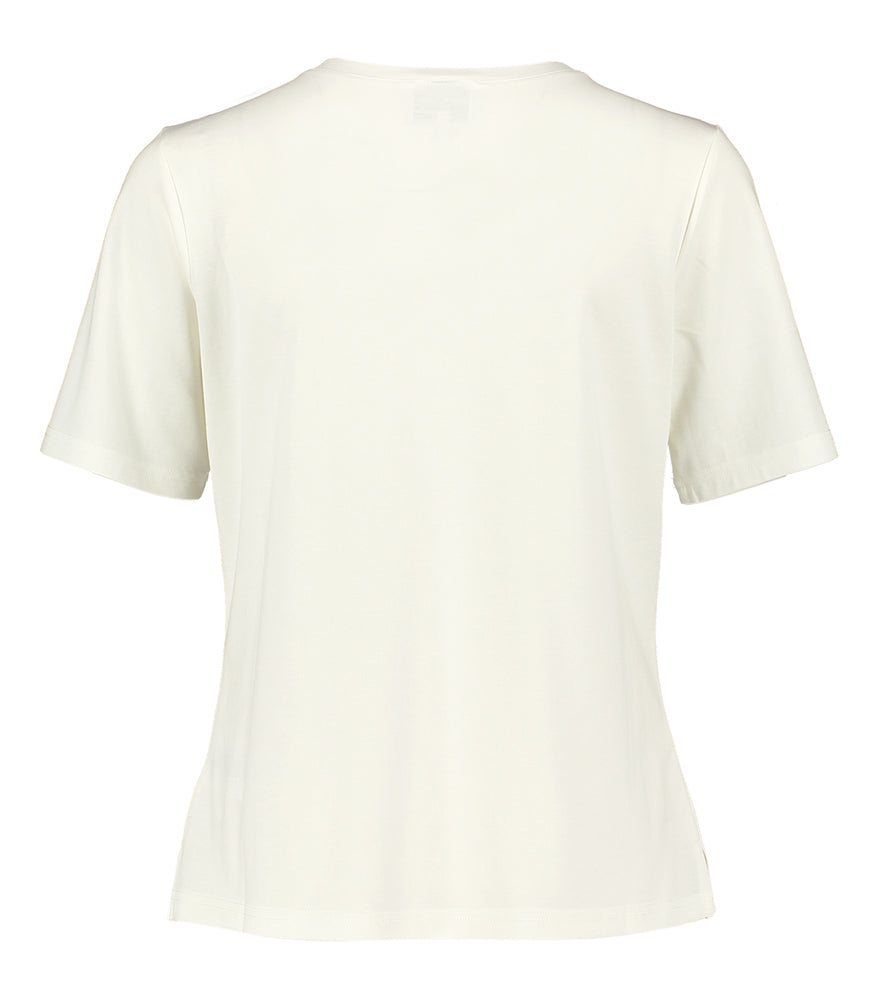 T-shirt écru à col rond orné de perles, signé Tev Leo & Ugo