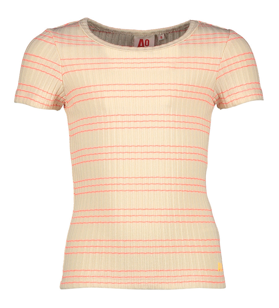 Beige aansluitende t-shirt met fluo strepen AO76