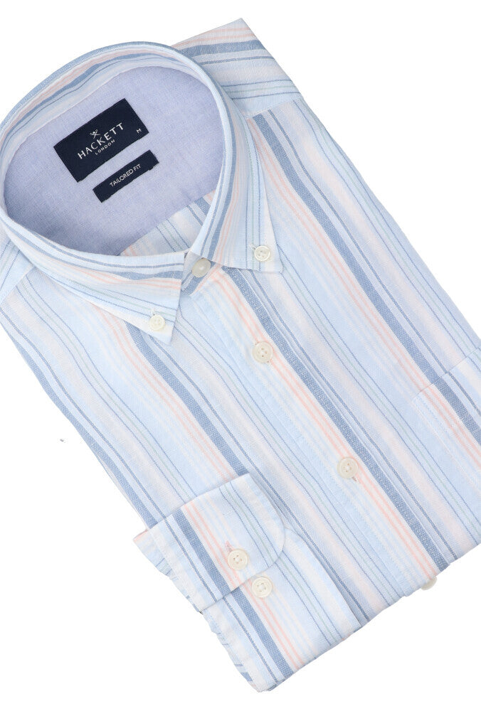 Chemise en lin à rayures multicolores (coupe ajustée) à manches longues Hackett